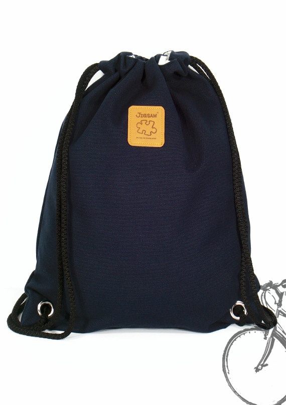 Navy Blue Drawstring Bag Canvas Cotton Backpack Laptop Bag Hip