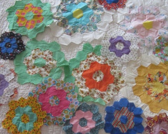 18 Cute Orphan Grandmothers Flower Garden Quilt Blocks, Various But Similar Sizes