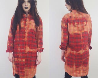 90's Grunge Tie Dye Long Flannel Dress - Bleached Plaid Loose T-shirt Baggy Dress - Soft Tartan Button Up Top - Long Sleeve Grunge Midi