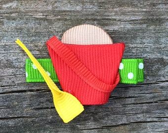 Sand Pail and Shovel Hair Clip, Beach Hair Clip, Toddler Hair Clip, Girls Hair Bows, Summer Hair Bows, Ribbon Sculpture Hair Clips