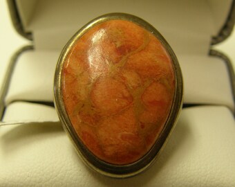 Chunky Sterling Silver Coral Ring- Size 7 1/2