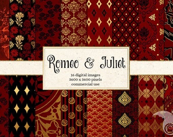 Romeo and Juliet Digital Paper, Renaissance paper, renaissance backgrounds, red, black and gold rose scrapbook paper, damask pattern