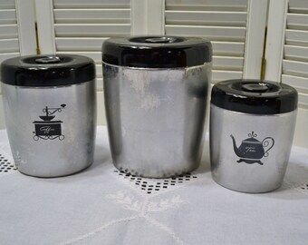 Vintage West Bend Kitchen Canister Set of 3 Aluminum Black Lids Chippy Paint PanchosPorch