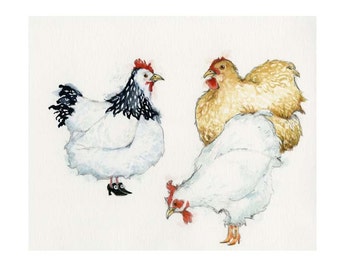 Chicken Print Hens wearing shoes illustration 8x11