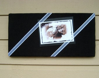 Linen Pin Board, Modern and classic Black Irish Linen Bulletin Board with White organza and satin ribbon for your Photos