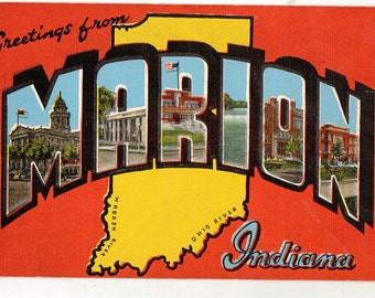 Linen Postcard, Greetings from Marion, Indiana, Armory, River, Large Letter