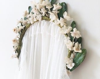 Wedding Headpiece. Vintage Wax Tiara and Veil. Art Deco Flower Crown. 1920s Bridal Veil and Tiara. Antique Embroidered Tulle Veil.