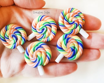 5 Rainbow Lollipop Clay Sweets Flatback Cabochons - 29mm