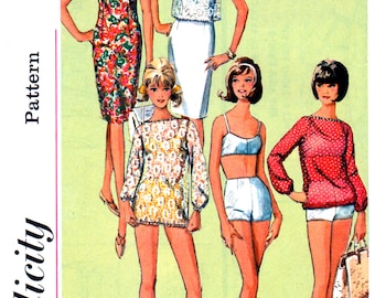60s Simplicity 5978 Sheath Dress, Retro Bikini and Sheer Cover Up Tops, Uncut, Factory Folded, Vintage Sewing Pattern Size 12 Bust 32
