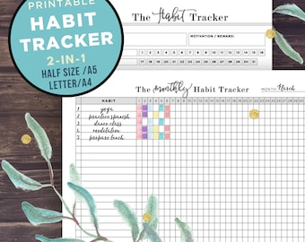 Habit Tracker Printable, Monthly habits, 30 Day Habit Challenge, Goal Planner Setting, Filofax A5, Half Size, Letter A4, Instant Download