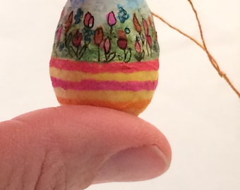 Spun Cotton Painted Egg with tulip flowers feather tree ornament by Maria Paula