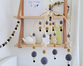 Mustard & Grey Baby Mobile, Cot Mobile, Crib Mobile, Nursery Mobile, Felt Ball Mobile, Custom Mobile, Pom Pom Mobile, Mobile for Boy, Girl