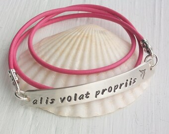 Latin Silver and Leather Bracelet - She Flies With Her Own Wings - alis volat propriis