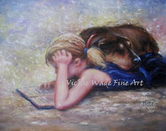 Girl Reading Art Print blond girl, dog and girl, mans best friend, dog, Vickie Wade Art