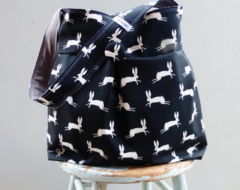 Black White Rabbit Diaper Bag - 6 pockets - Key Fob
