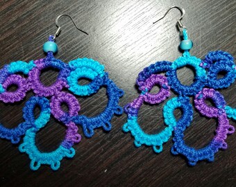 Handcrafted Tatted dangle earrings in rich blues and purples