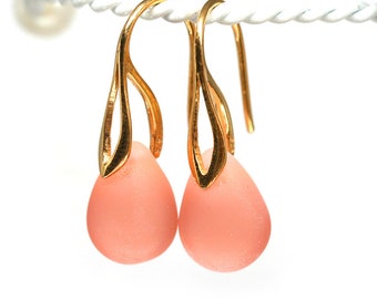 Peach Gold earrings Glass drop earrings Golden earwires Peach teardrop briolette dangle girl earrings by MayaHoney