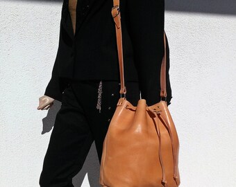 Leather Bucket Bag - Leather Pouch with Drawstring. Leather Shoulder Bag, Bucket Bag Women. 100% Cow Leather Handmade in Greece.