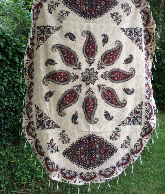 Oval tablecloth, paisley design handmade tapestry , natural dyes with tassels