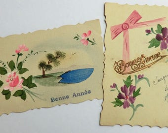 2 Antique French Hand Painted Postcards One Dated 1918 Bonne Annee