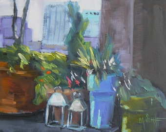Small Oil Urban Landscape Painting, 6x8 Painting "Manhattan Rooftop" by Carol Schiff, Free Shipping in US