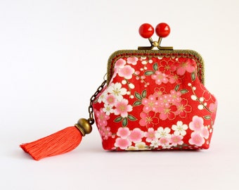 Hand crafted gold embossed Sakura Japanese coin purse with bronze kiss lock frame and red beads - collectable #0006