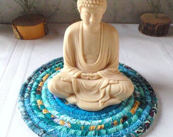 Turquoise Bohemian Coiled Hot Pad, Trivet, Candle Mat - Small Round - Handmade by Me
