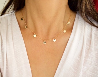 Tiny Gold Disc Necklace//Coin Drop Chokers//Multi Tags//Chokers//Charm coin Layering//Multi Disc//Mini Disc//Sterling Silver//Everyday