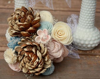 Wooden flower bouquet, blush pink and rustic blue wedding bouquet, sola flower bouquet, ecoflower bridal bouquet, bridesmaid, keepsake
