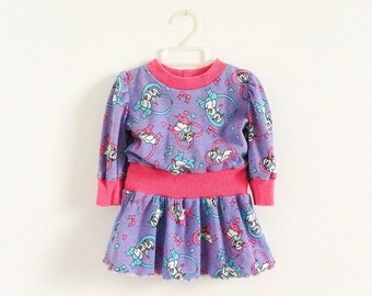 SALE Vintage 1980s Toddler Size 9-12M Dress, Baby Lamb Chop Hearts Bows Lavender Pink Cotton Jersey One Piece Pull-Over Dress, b20" L17"