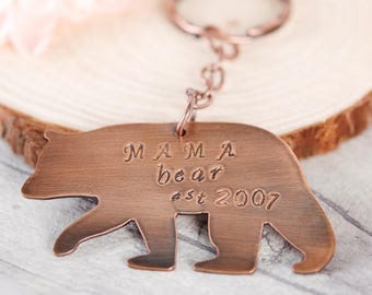 Mama Bear Keychain, Handmade Copper Keyring Personalised with Date, Perfect Gift for a New Mummy, Baby Shower, Grandma, Mum's Birthday, Wife