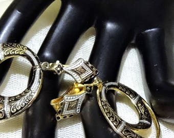 Vintage Damascene Dangle Hoop Style Earrings
