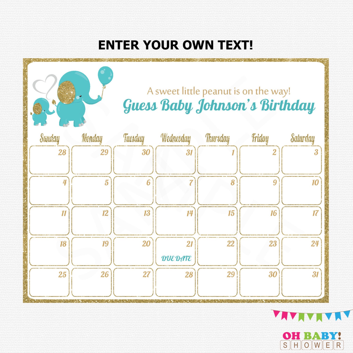 Baby Due Date Calendar Teal Gold Baby Shower Printable