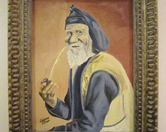 Exquisite Vintage Oil Painting Old Man & Pipe Artist Signed Emogene Selsor 20 x 16 Wood Framed Sea Captain Painting ?