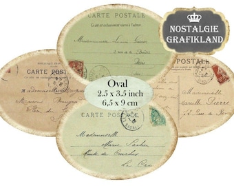 Ephemera Postcards French Carte Postale Poste Ovals 3.5 x 2.5 inch Instant Download digital collage sheet O103