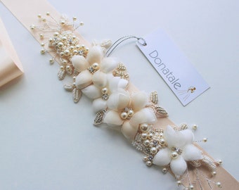 Bridal Belt - Wedding belt- Wedding sash- Bridal Sash -Wedding dress belts and sashes - Hand Beaded Vintage style Ivory Champagne -PATRICIA