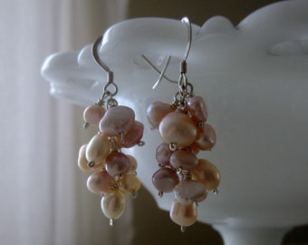 Pearl Cluster Earrings, Freshwater Pearl Earrings, Short Dangle Earrings, Pink Pearl Earrings, Sterling Pearl Earrings, June Birthstone