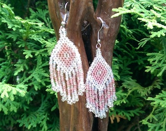 Hand Beaded Clear Crystal and Pink Earrings