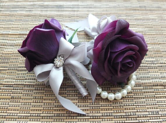 Wrist Corsage Purple Rose with silver grey ribbon on pearl