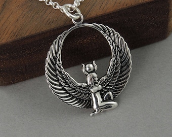 Egyptian Goddess Necklace - Isis necklace, sterling silver Egyptian jewelry for women, winged Goddess, fertility, amulet