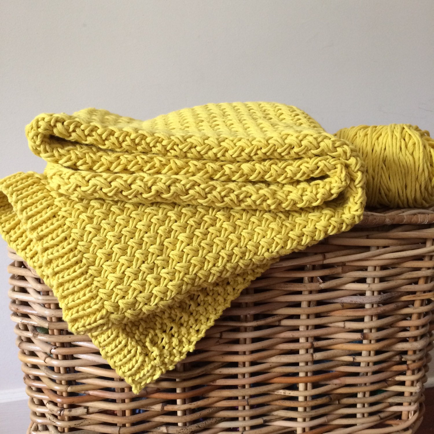 Mustard yellow blanket hand knit w soft cotton and bamboo