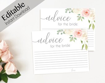 Advice Card Printable, Bridal Shower Advice Card, Advice for the bride and groom, Instant Download, Romantic Blush Pink white flower