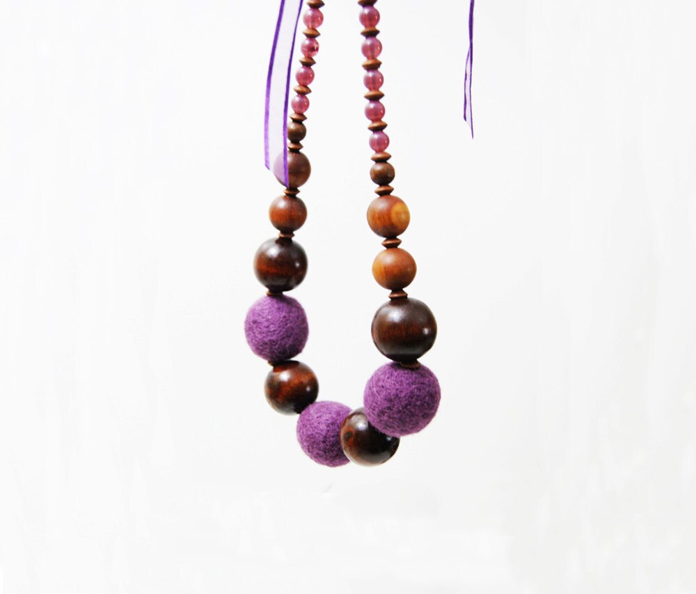 Purple Necklace Felted Ball Necklace Boho Wood Necklace