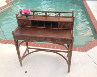 RATTAN WOVEN DESK / Pull Out desk Top / Palm Beach Rattan Woven Writing Desk / Expandable desk top Hollywood Regency style Retro Daisy Girl