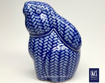 Vintage Blue Bunny Rabbit. Vintage Blue and White Basket Weave Ceramic Bunny.