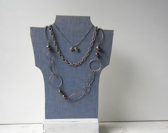 SALE One Necklace Bust Reversible - Chambray Denim Blue / Antique paper - Recycled Book Necklace Jewelry Display - Ready to Ship