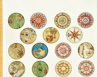 Antique Map Circles Glass Fusing Decals, Enamel Decals