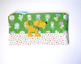 Zipper Pouch, 5.25x9.5" in white, yellow, green, pink and blue floral print fabric with Handmade Felt Dog Embellishment, Puppy Zipper Pouch