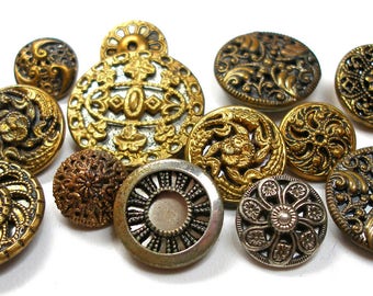 13 Vintage Twinkle BUTTONS, gold & silver metal with reflective liners.