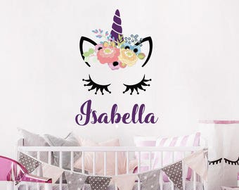 Wall Decal Girls Personalized Name Unicorn Colorful Head Vinyl Sticker Custom Name Flowers Nursery Girl Bedroom Decor NS2066